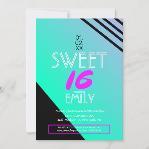 Sweet 16 Flyer Club Theme Geometric Neon Stripes Invitation