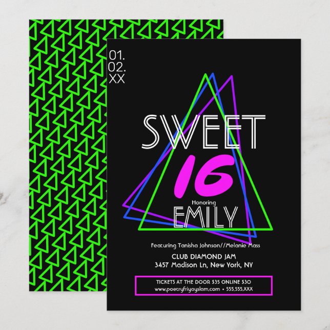 Sweet 16 Flyer Club Theme Geometrical Neon Invitation (Front/Back)