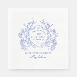 Sweet 16 French Blue Floral Crest Custom Napkins
