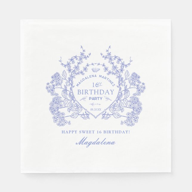 Sweet 16 French Blue Floral Crest Custom Napkins (Front)