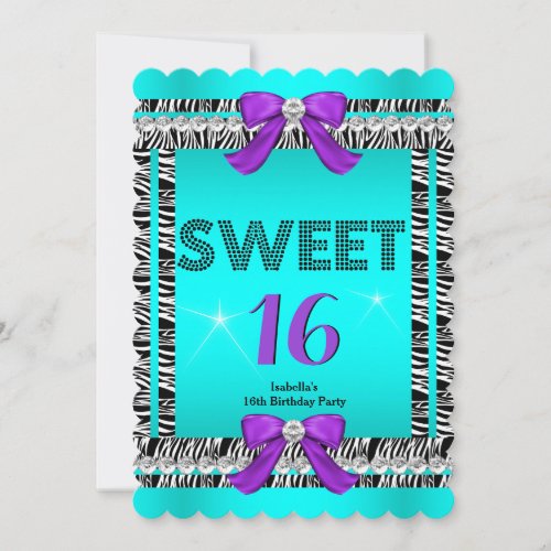 Sweet 16 Fun Party Zebra Teal Blue Purple Bow 6S Invitation