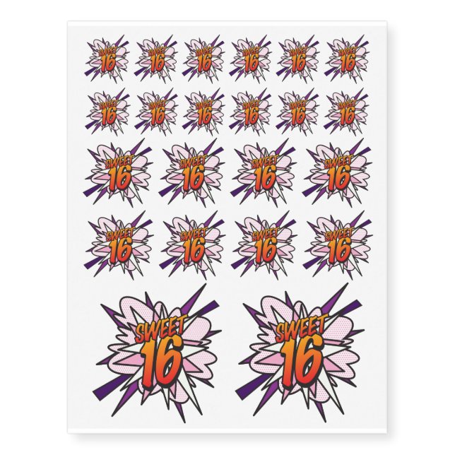 SWEET 16 Fun Retro Comic Book Temporary Tattoos (Front)