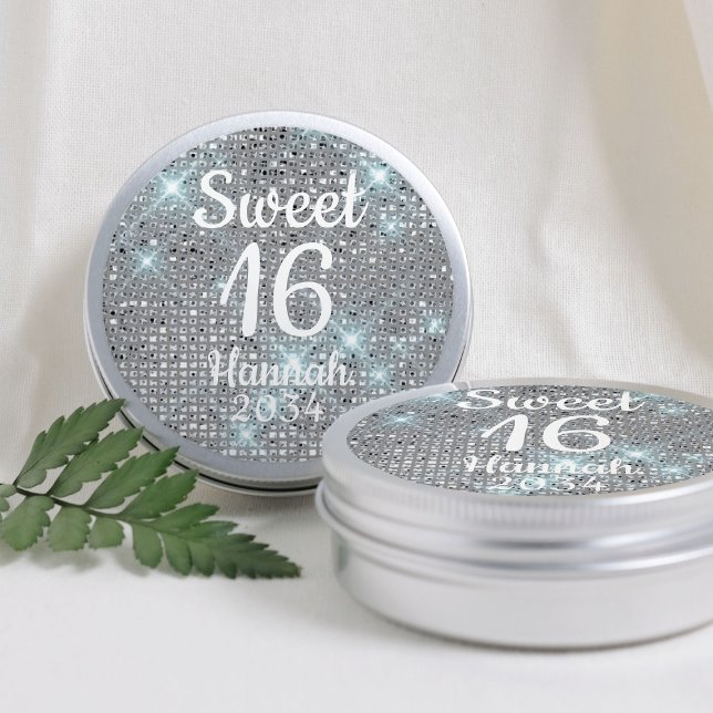 Sweet 16 Girl Birthday Favors Silver Tin Box Classic Round Sticker (Sweet 16 Girl Birthday Favors Silver Tin Box Classic Round Sticker
)