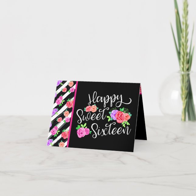 Sweet 16 Girl Edgy Roses & Modern Stripes Birthday Invitation (Front)