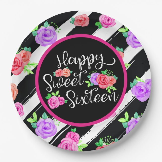 Sweet 16 Girl Edgy Roses & Modern Stripes Birthday Paper Plates (Front)