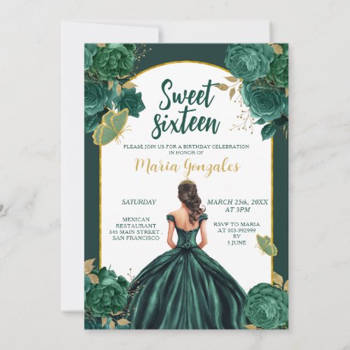 Sweet 16 Girl Floral Birthday Party Emerald Green  Invitation