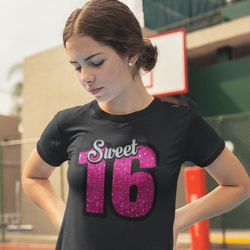 SWEET 16 GIRLS BIRTHDAY PINK FAUX GLITTER T_shirts