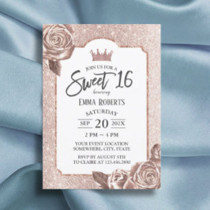 Sweet 16 Girly Blush Rose Gold Glitter Floral  Invitation