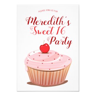 Sweet 16 Girly Pink Frosted Cupcake Birthday Invitation