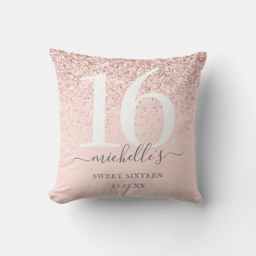 Sweet 16 Girly Rose Gold Glitter Blush Pink Name T Throw Pillow