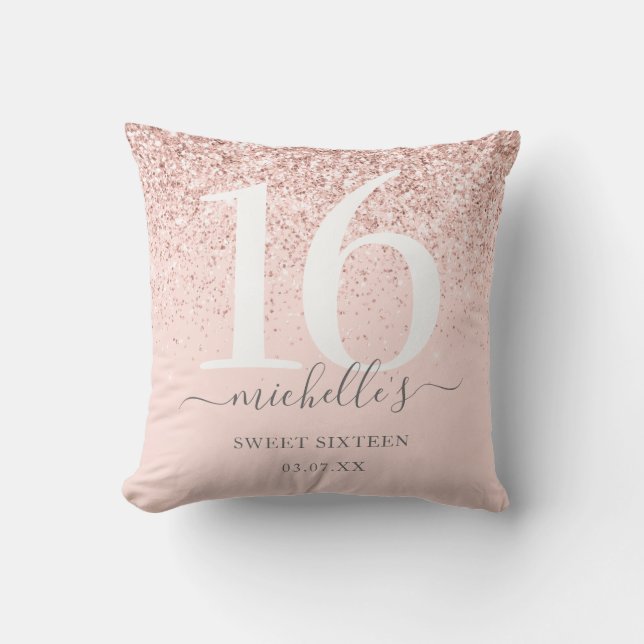 Sweet 16 Girly Rose Gold Glitter Blush Pink Name T Throw Pillow (Front)