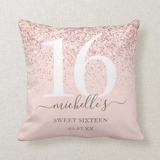Sweet 16 Girly Rose Gold Glitter Blush Pink Name T Throw Pillow