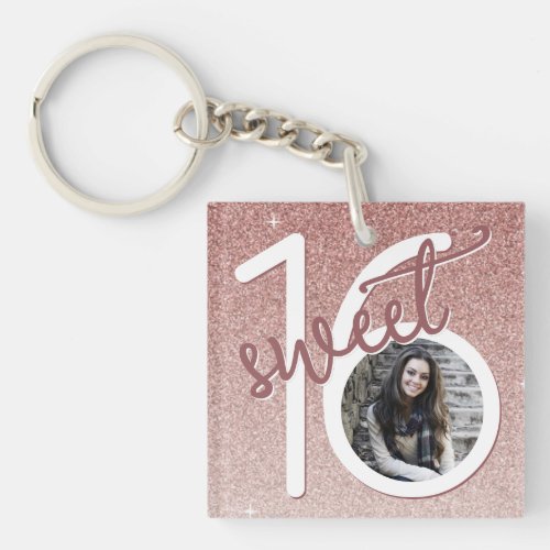 Sweet 16 Girly Rose Gold Glitter Photo Keychain