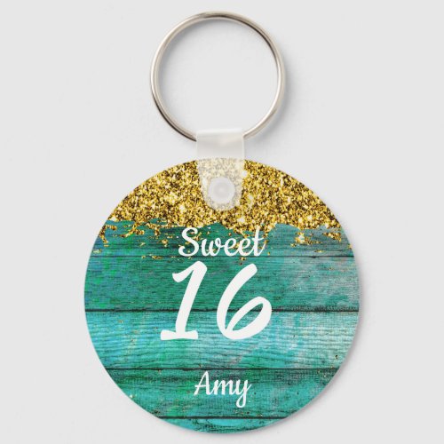 Sweet 16 Girly Turquoise Gold Glitter Name Keychain