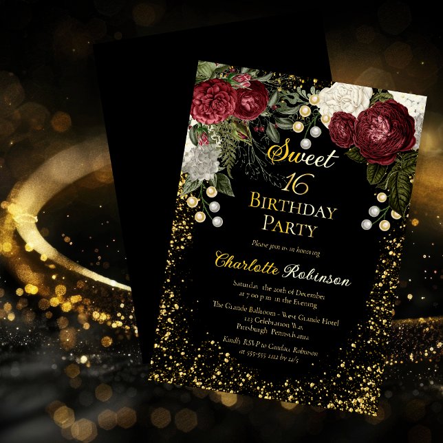 Sweet 16 Glam Burgundy Rose Floral Birthday Party Foil Invitation (Sweet 16 Glam Burgundy Rose Floral Birthday Party Gold Foil Invitation)