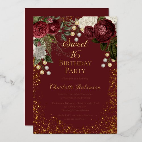 Sweet 16 Glam Burgundy Rose Floral Birthday Party Foil Invitation