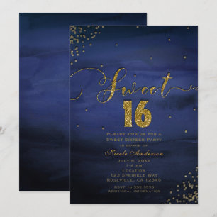 SWEET 16 Glam Modern Watercolor Blue & Gold Party Invitation