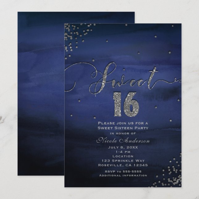 SWEET 16 Glam Modern Watercolor Blue Silver Party Invitation (Front/Back)