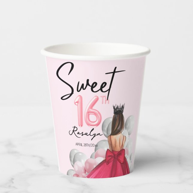 Sweet 16 Glam Rose Pink White Balloons Paper Cups (Front)