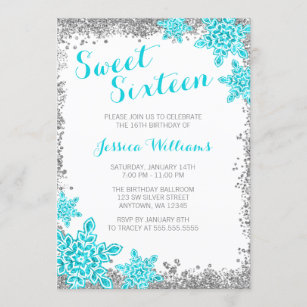 Sweet 16 Glam Winter Wonderland Silver Aqua Invitation