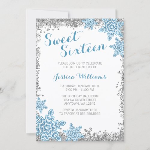 Sweet 16 Glam Winter Wonderland Silver Blue Invitation