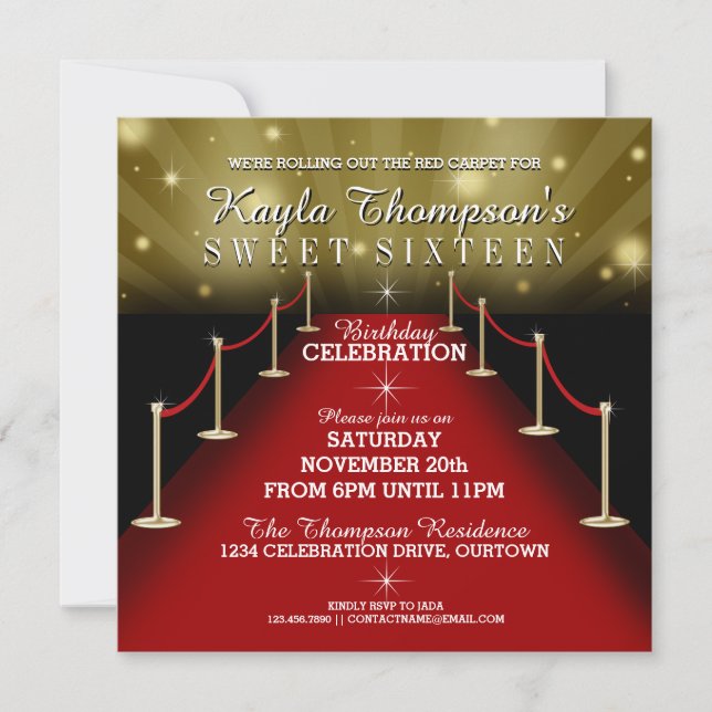 Sweet 16 Glamorous Red Carpet Party Invitations (Front)
