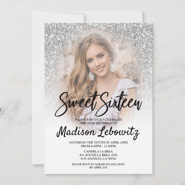 Sweet 16 Glamorous Silver Glitter Photo Invitation (Front)