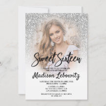 Sweet 16 Glamorous Silver Glitter Photo Invitation