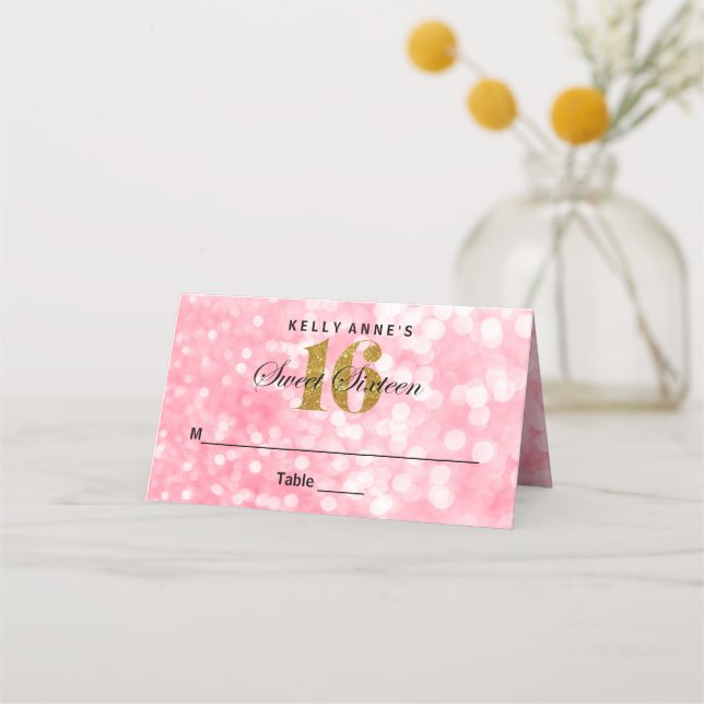 Sweet 16 Glitter Bokeh Lights Custom Place Card (Front)