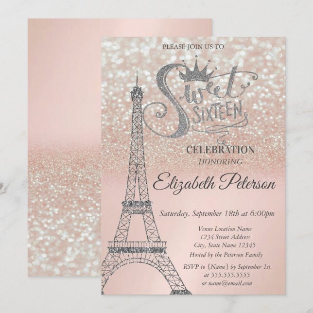 Sweet 16 Glitter Bokeh Ombre,Eiffel Tower Sweet 16 Invitation (Front/Back)