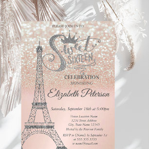 Sweet 16 Glitter Bokeh Ombre,Eiffel Tower Sweet 16 Invitation