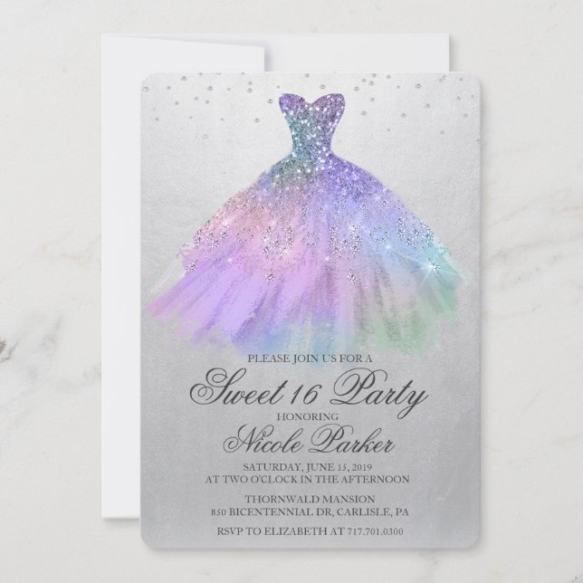 Sweet 16 Glitter Dress Diamond Invitation (Front)