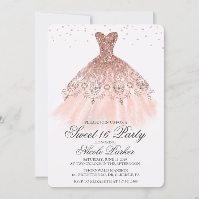 Sweet 16 Glitter Dress Diamond Invitation (Front)