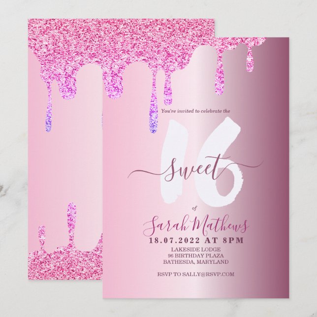 Sweet 16 Glitter Drips Pink Metallic Birthday Invi Invitation (Front/Back)