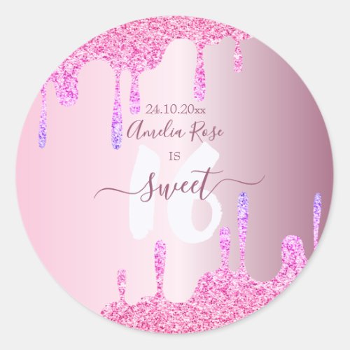 Sweet 16 Glitter Drips Pink Metallic Birthday  Pap Classic Round Sticker