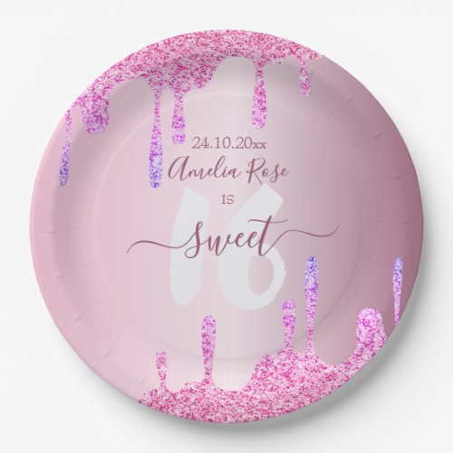 Sweet 16 Glitter Drips Pink Metallic Birthday  Paper Plates