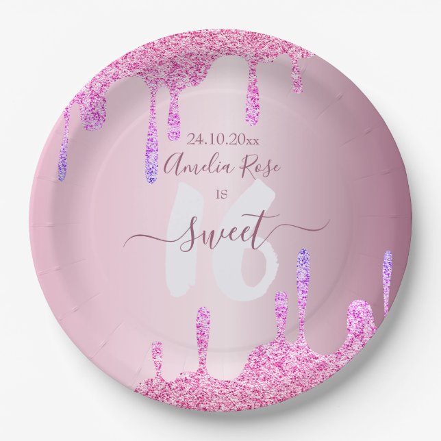 Sweet 16 Glitter Drips Pink Metallic Birthday  Paper Plates (Front)