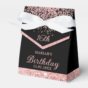 Sweet 16 Glitter Girly Rose Gold Black Party Favor Boxes