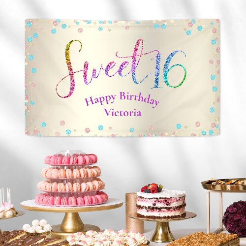 Sweet 16 Glitter Rainbow Confetti Gold Birthday Banner