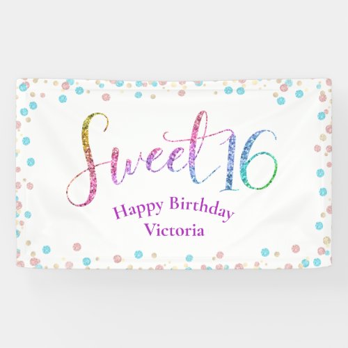 Sweet 16 Glitter Rainbow Confetti Modern Birthday Banner