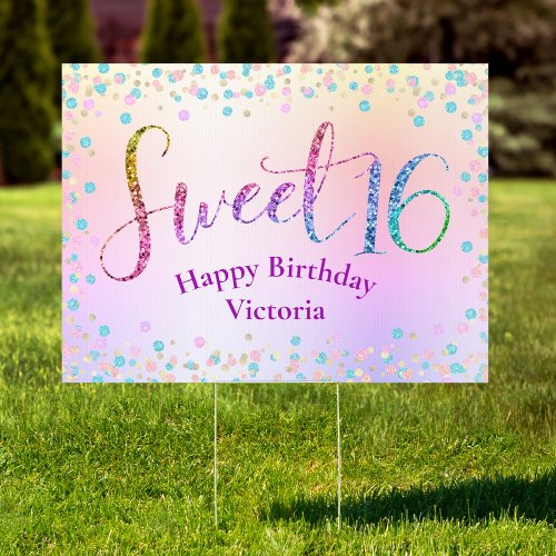 Sweet 16 Glitter Rainbow Ombre Dots Birthday Yard Sign