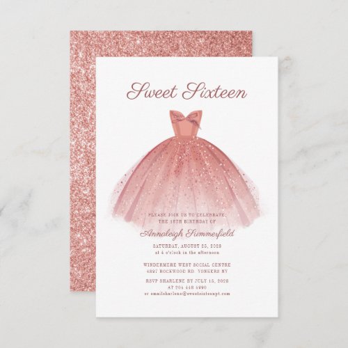 Sweet 16 Glitter Script Rose Gold Modern Dress Invitation