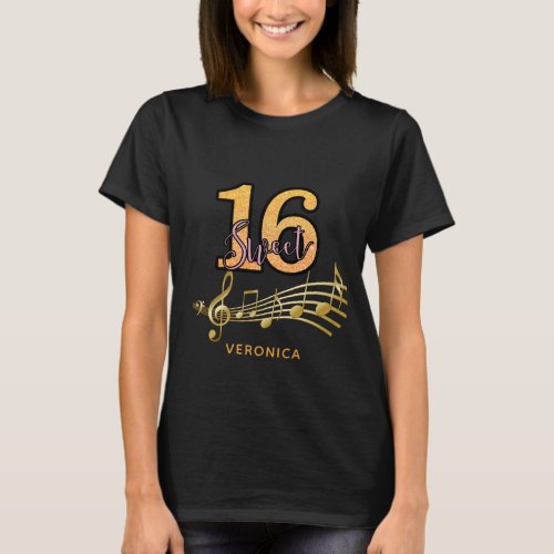 Sweet 16 glitter with gold music notes name T_Shirt