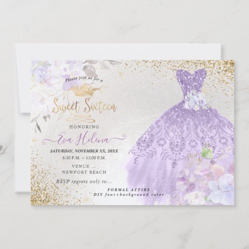 Sweet 16 Glitters Gown Dusty Purple Lilac Gold Invitation