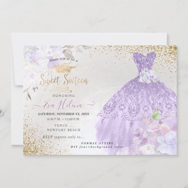 Sweet 16 Glitters Gown Dusty Purple Lilac Gold Invitation (Front)