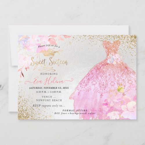 Sweet 16 Glitters Gown Ombre Pink Gold Invitation