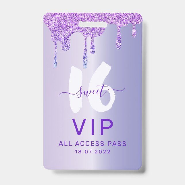Sweet 16 Glittery Purple Drips Birthday Invitation Badge (Front)