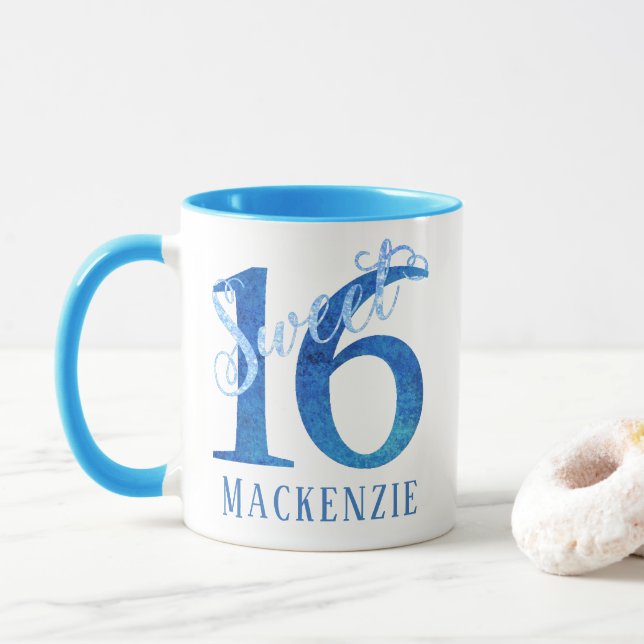 Sweet 16 | Glitzy Blue Glam Typography Name Mug (With Donut)