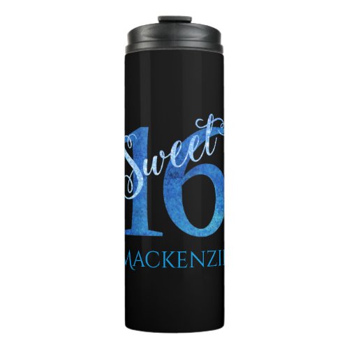 Sweet 16  Glitzy Blue Glam Typography Name Thermal Tumbler