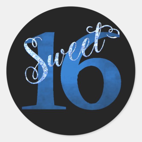 Sweet 16  Glitzy Blue Glam Typography Script Classic Round Sticker